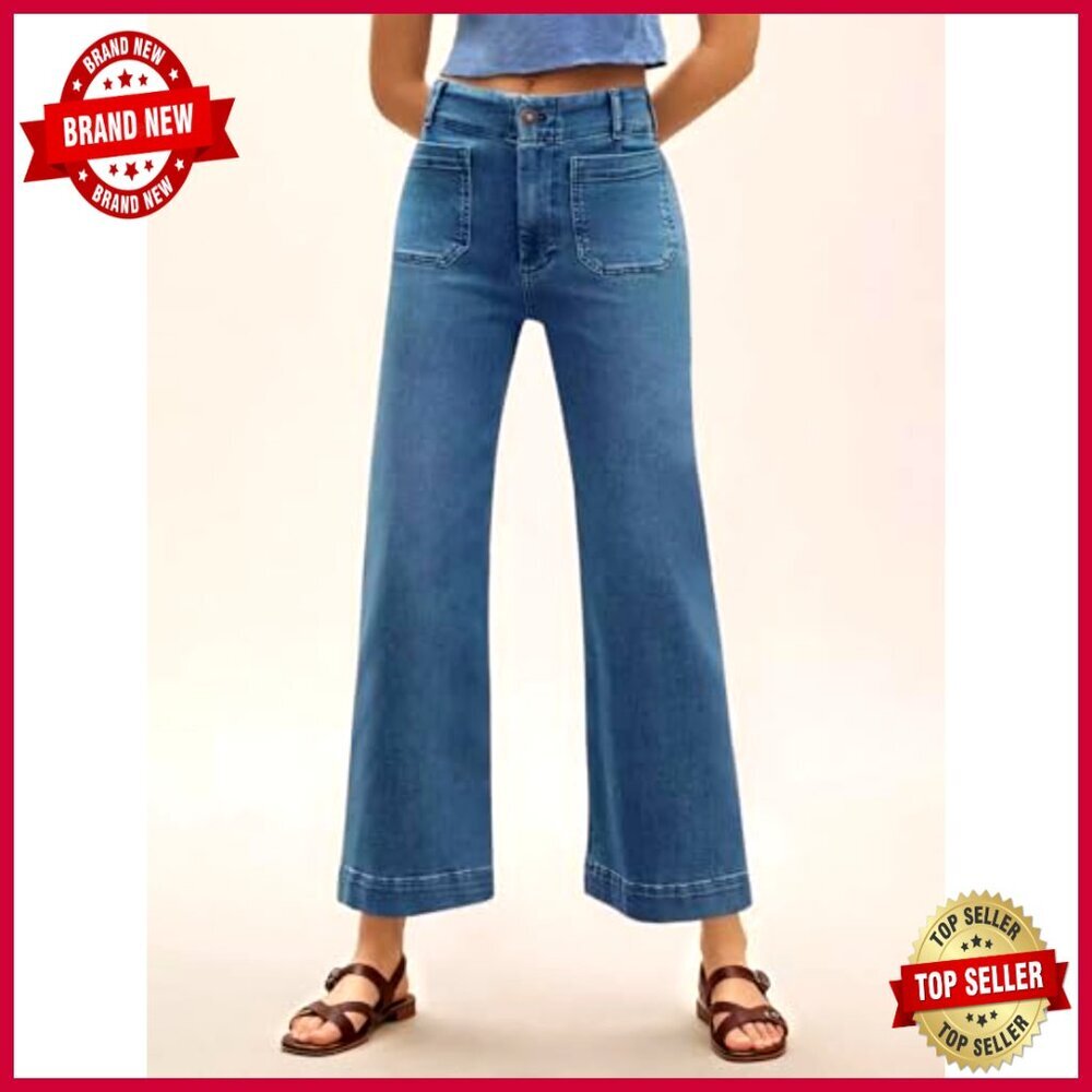 High Waisted Wide Leg Cropped Jeans Stretchy Flare Denim Pants - Picture 3 of 7